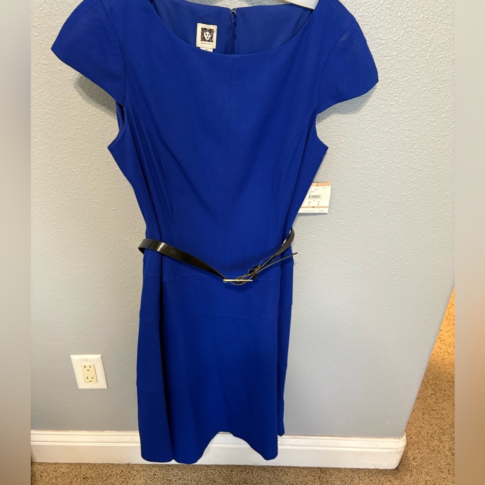 Anne Klein Royal Blue Midi Dress Size 12 Black Belt Work Occasion